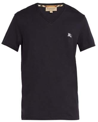 Burberry Logo Embroidered V Neck Cotton T Shirt - Mens - Navy