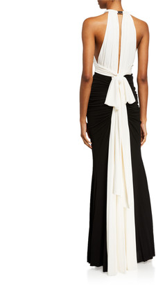 Alexander McQueen Ruched Two-Tone Jersey Halter-Neck Gown