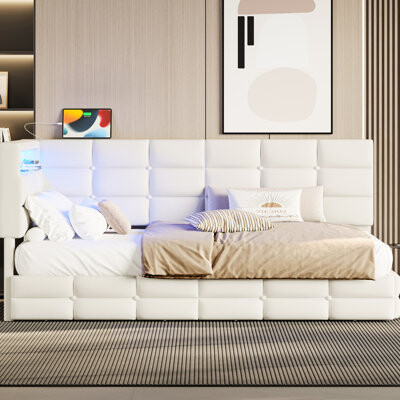 Latitude Run Twin Daybed With Led Lights Charging Station And 2 Drawers - Upholstered In Beige Linen For Comfort Storage Headboard Drawers Integrated Bed