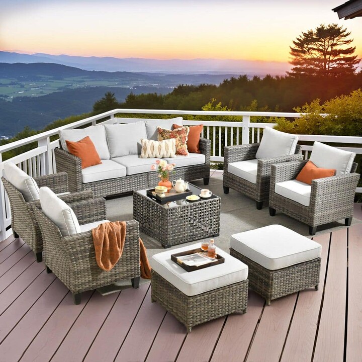 Toject Daphne 8-Piece Wicker Modern Outdoor Patio Conversation Sofa Seating Set with Light Gray Cushions