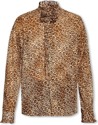 Avanova Women's Leopard Printed Ruffle Hem Long Sleeve Mock Neck Blouses Top
