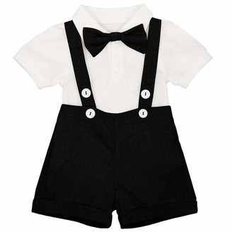 FYMNSI Infant Baby Boy Christening Baptism Outfit Short Sleeve Romper Shirt + Suspenders Linen Shorts Pants + Bow Tie 3pcs Formal Suit Toddler Kids Gentleman Tuxedo Wedding Birthday Party Gray 12-18M