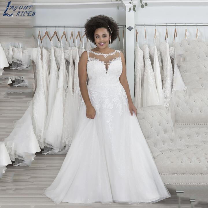 LAYOUT NICEB Plus Size Wedding Dress 2025 A-Line Backless Glitter Tulle Bride Gown Sleeveless Lace Appliques vestidos Customized