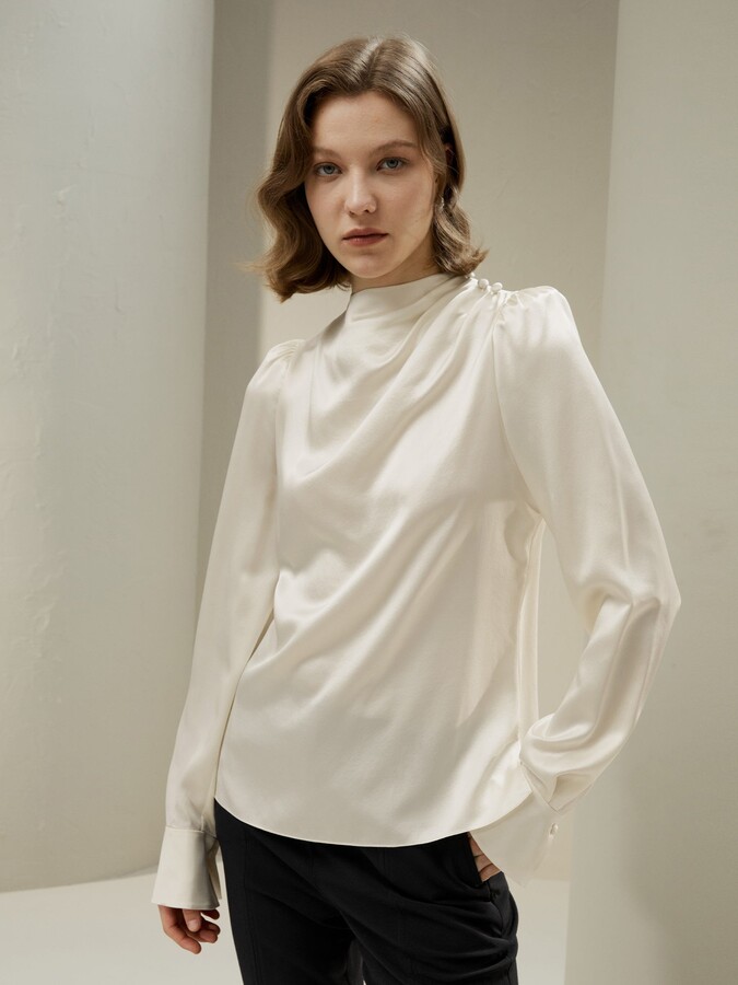 LILYSILK Asymmetrical Silk Blouse with Puff Sleeves for Women
