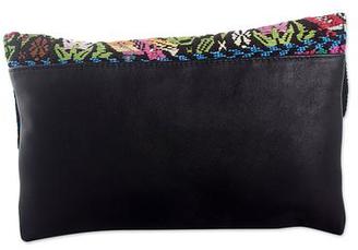 Black Leather Clutch Bag with Multi Color Hand Woven Cotton, 'Chichicastenango Colors'