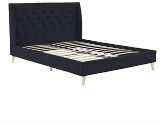 Queen Navy Blue Linen Upholstered Mid-Century Platform Bed with Wingback  Headboard - Navy Blue - ShopStyle