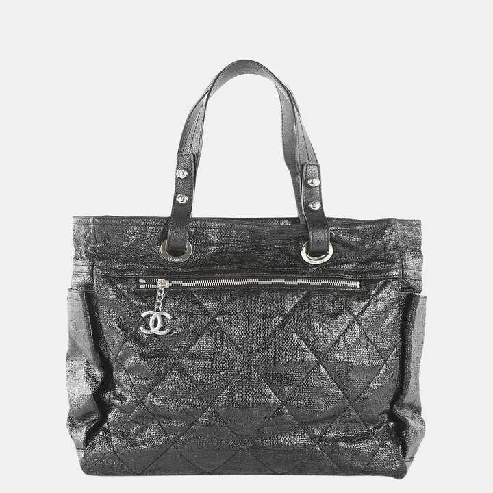 Chanel Black Shiney Coated Canvas Paris Biarritz Tote Bag - ShopStyle