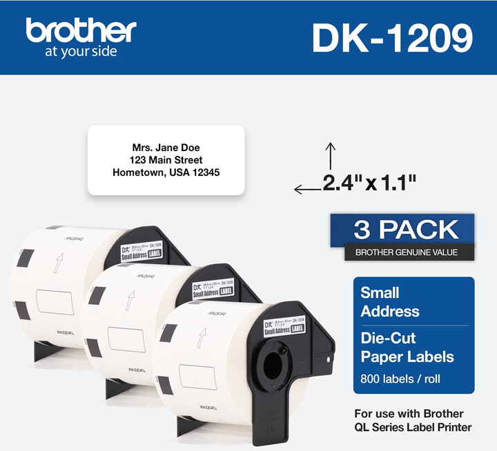 Brother Genuine DK-12093PK Small Address Paper Label Roll, Die-Cut – 3 Rolls per Box