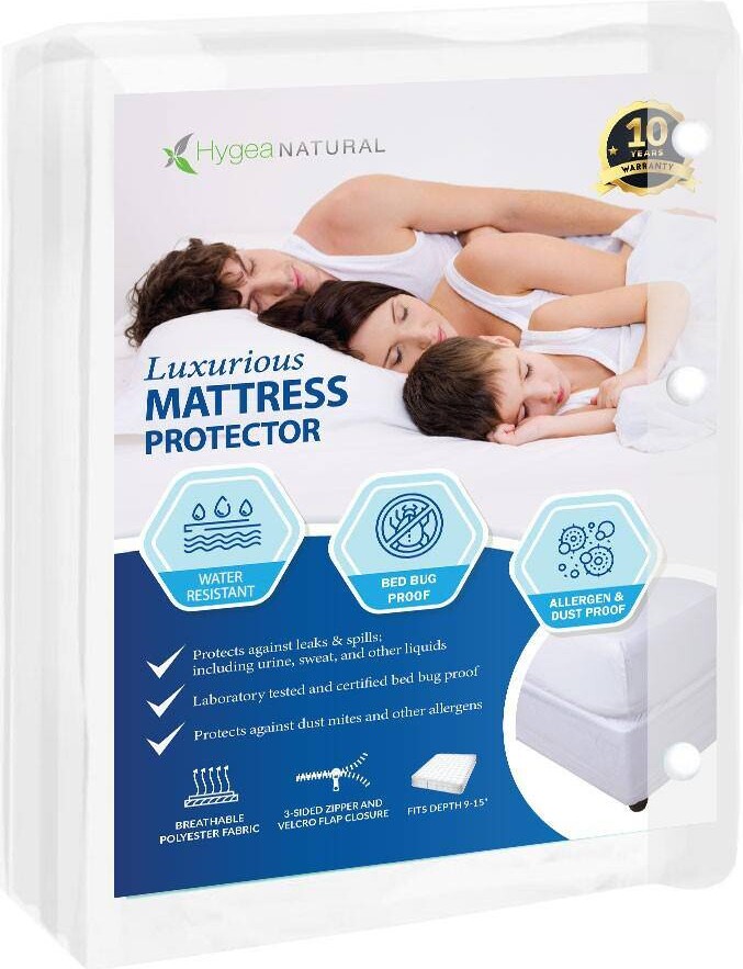 Hygea Natural Luxurious Zippered Bed Bug Mattress Protector (Polyester) Full, Washable, Water Resistant, Pest Proof