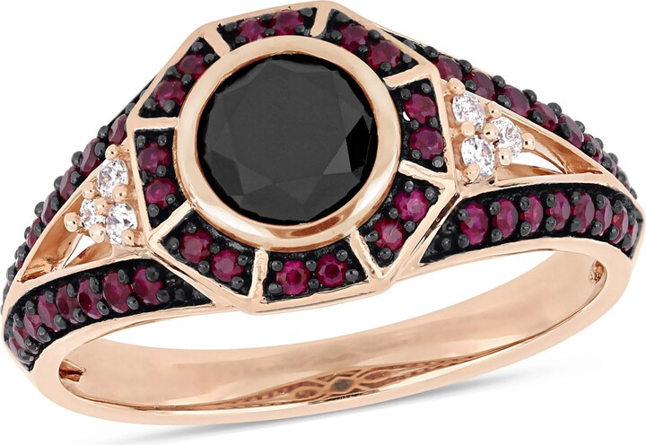 Mimi & Max 1ct TW Black & White Diamond 1/2ct TGW Ruby Halo Ring 10k Rose Gold