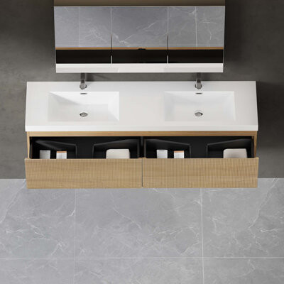 KUNMINGZHUANGZHEN 72'' Floating Bathroom Vanity With Sink Combo, Modern Wall-Mounted Striped Bathroom Storage Cabinet With Soft-Close Drawer
