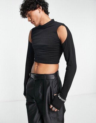 ASOS DESIGN long sleeve muscle T-shirt in black with arm cut out - ShopStyle