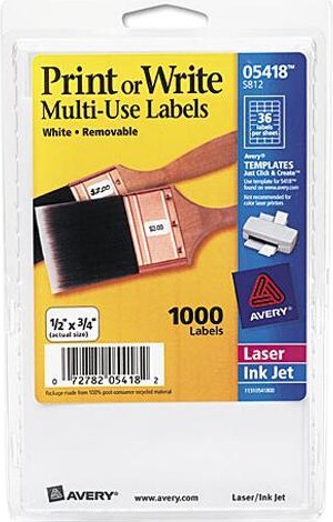 Avery 05418 Print or Write Removable Multi-Use Labels, 1/2 x 3/4, White, 1000/Pack
