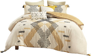SculptedSeating Bedroom Comforter With Twisted Embroidery And Yellow Tassels Cotton Grey Geometric Elegant