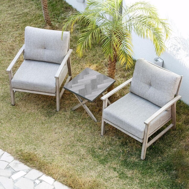 RUIZI Light Gray 3-Piece Aluminum Outdoor Patio Chat Set with Side Table and Beige Cushions