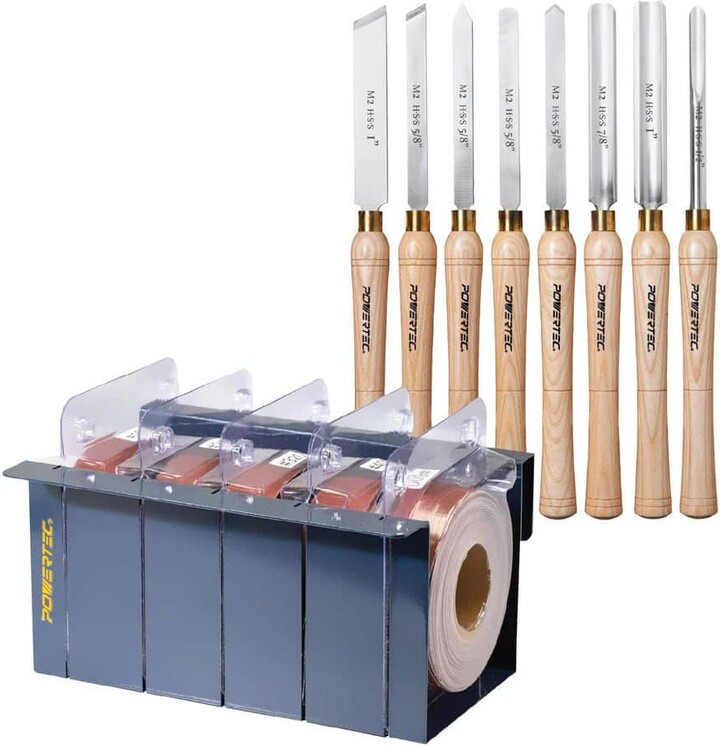 ‎POWERTEC 8PCS Wood Lathe Tools Set-HSS Steel Blades & 5PCS Aluminum Oxide Abrasive Sand Paper Roll (Metal Boxed) for Woodworking