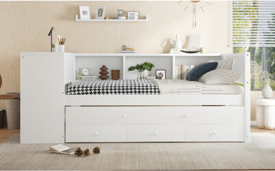 Latitude Run Full Size Daybed With Trundle Wood Day Bed Frame With Storage Drawers And Side Shelves Daybed With Desk No Spring Box Needed White