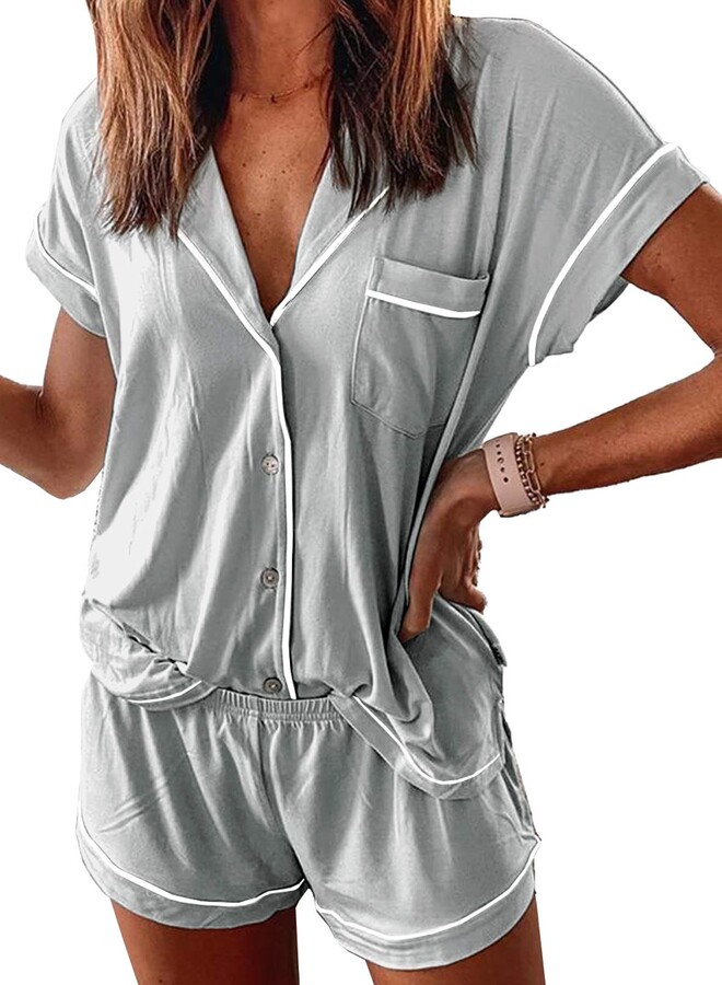 Womens Casual Lounge Pajamas Set V Neck Loose T Shirt Shorts Sleepwear Nightwear 