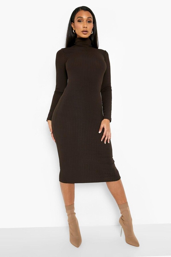boohoo Jumbo Rib Roll Neck Midi Dress 