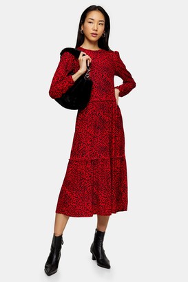 Topshop Womens Red Animal Spot Smock Midi Dress - Red