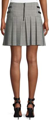 Alice + Olivia Emilie Pleated Check Short Skirt w/ Leather Buckles