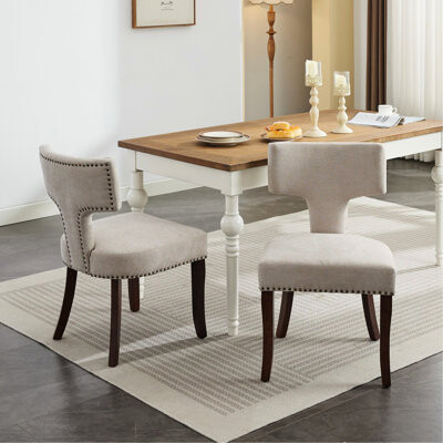 George Oliver Mid Century Modern Dining Chairs Of 2, Beige Upholstered, Curved W/copper Nails, Linen Style, Hardwood Frame, Foam Cushion Joy Chair Upholstered With