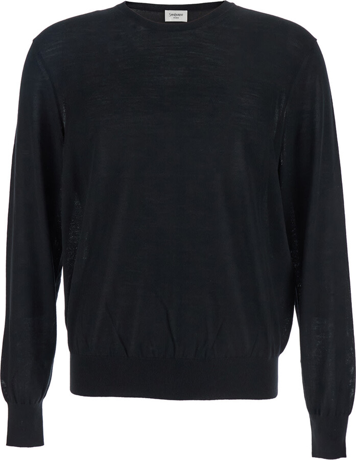 Saint Laurent Black Crewneck Sweater With Cassandre In Cashmere Man