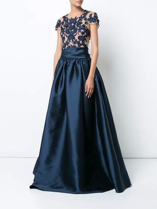 Marchesa Notte floral-embroidered pleated gown