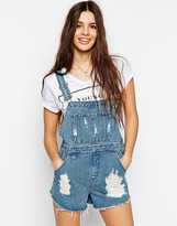 Thumbnail for your product : ASOS COLLECTION Denim Overall Short in Vintage Mid Wash With Raw Hem