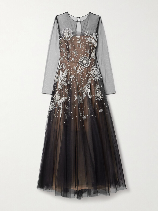 Oscar de la Renta - Embellished Embroidered Tulle Maxi Dress - Black