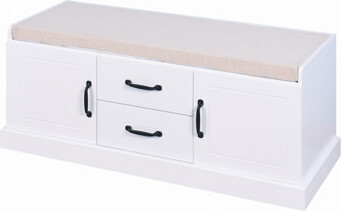 Wooden Entryway Shoe Cabinet With 2 Drawers And 2 Doors Living Room Storage Bench With White Cushion