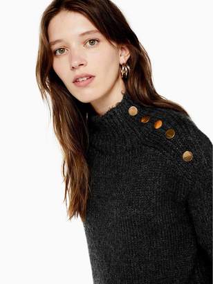 Topshop Button Shoulder Detail Knitted Jumper - Charcoal
