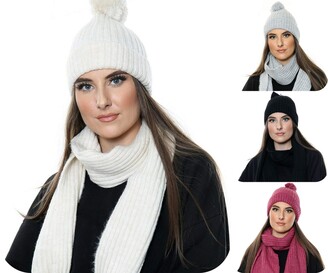 Voice 7 Women 2pc Winter Wool Set (Knitted Hat + Scarf) Warm & Thick Woolen Soft Cozy Woolen Woolly (Cream)