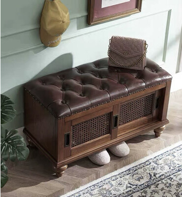 Traditional Solid Wood Shoe Storage Bench with Tufted Seat and Rattan Inserts