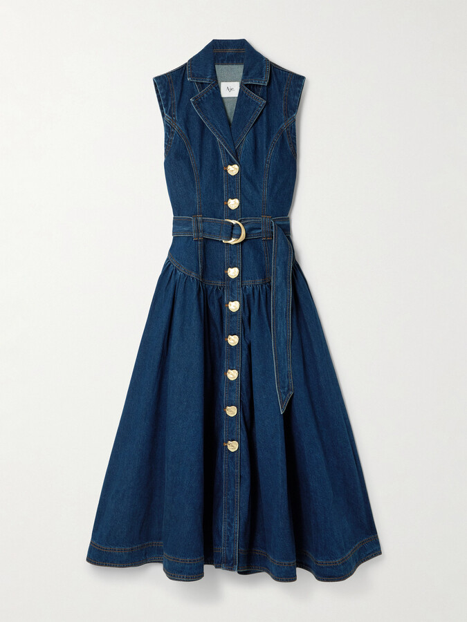 Aje Elena Belted Gathered Denim Midi Dress - Blue