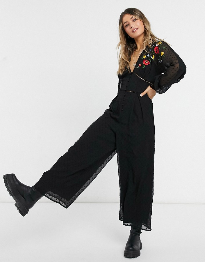 ASOS Off Shoulder Button Front Dobby Jumpsuit in Brown Womens Clothing Jumpsuits and rompers Full-length jumpsuits and rompers 