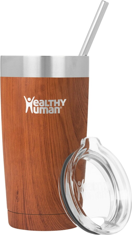 Healthy Human Stainless Steel Tumbler with Straw & Lid | Splash Proof Insulated Travel Cup | Eco-Friendly Coffee Tumblers | Water Cups with Straws Cleaner and Splash Proof Lids (20oz, Natural Wood)