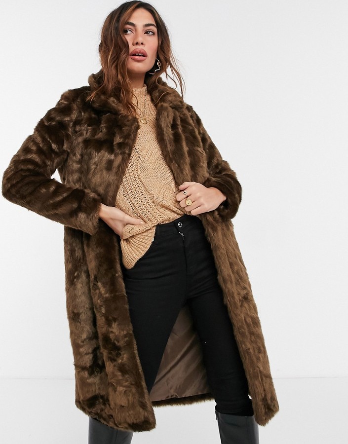 Urban Code Urbancode longline faux fur coat in brown - ShopStyle