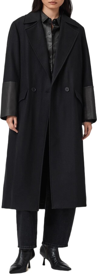 AllSaints Sellma Leather Trim Wool Blend Coat