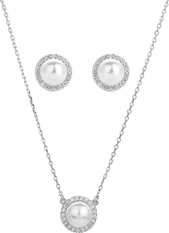 Bearfruit Jewelry Sterling Silver 18k Gold Plated Eleanor Single Cultured Pearl Necklace & Stud Earrings Set