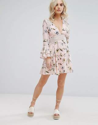 Boohoo Petite Floral Skater Dress With Lace Insert
