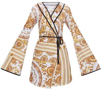 PrettyLittleThing Pale Blue Chain Print Kimono Sleeve Wrap Blazer Dress