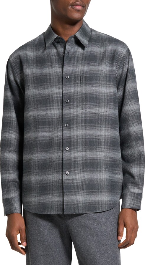 Theory Weekend Gradient Check Brushed Cotton Button-Up Overshirt
