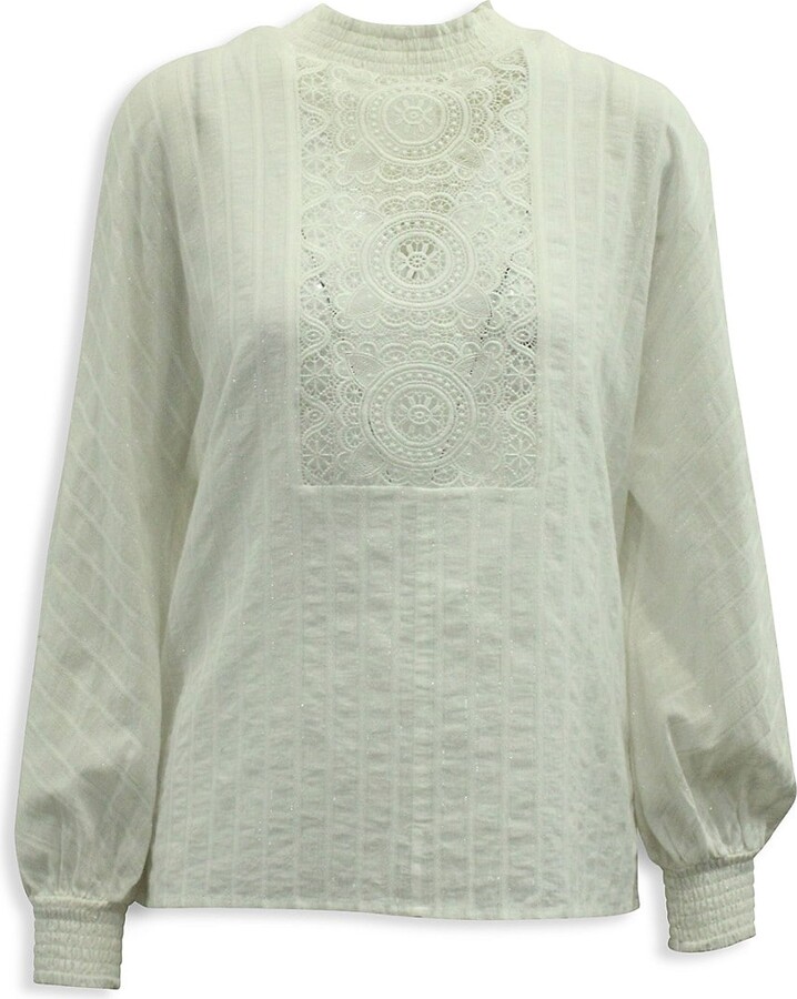  Contrast Guipure Lace Fluffy Knit Sweater (Color : White, Size  : Large) : Clothing, Shoes & Jewelry