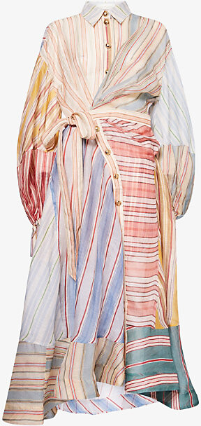 Zimmermann Womens Spliced Stripes Striped Wrap Linen-And-Silk Midi Dress S