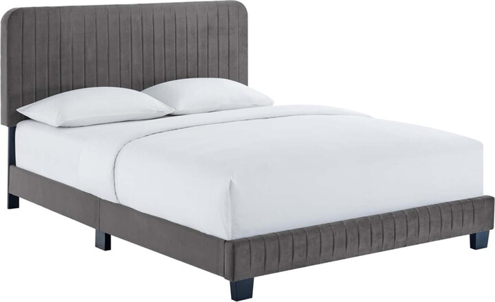 Modway Celine Channel Tufted Performance Velvet Queen Platform Bed in Gray