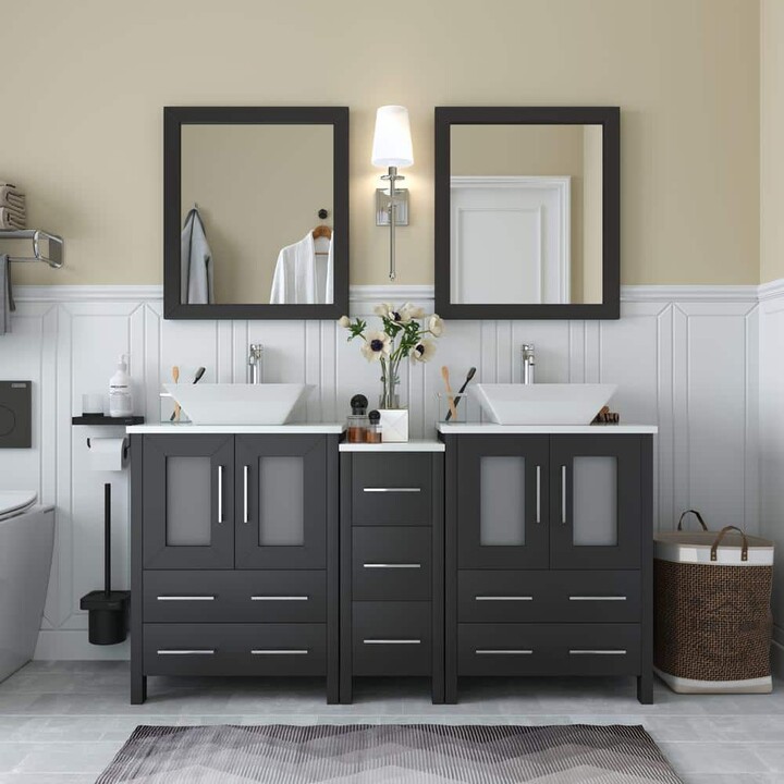 Vanity Art Ravenna 60 in. W Bathroom Vanity in Espresso with Double Basin in White Engineered Marble Top and Mirror