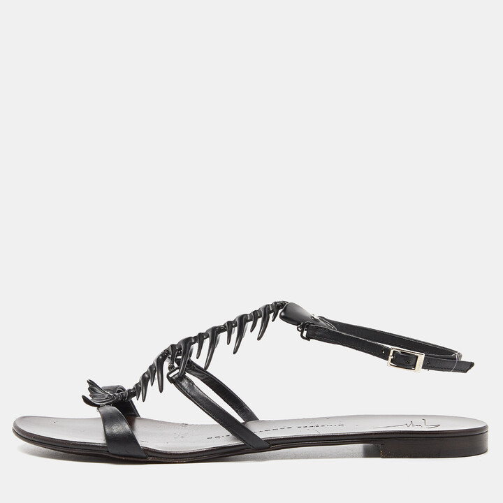 Giuseppe Zanotti Black Leather Fishbone Flat Sandals Size 38 - ShopStyle