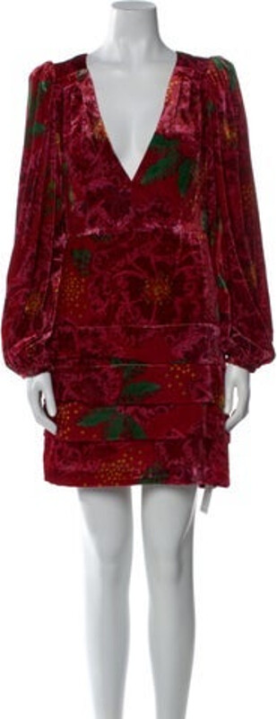 Farm Rio Velvet Shift Dress Red Printed Pleated Accents Long Sleeve with V-Neck Concealed Zip Closure at Back