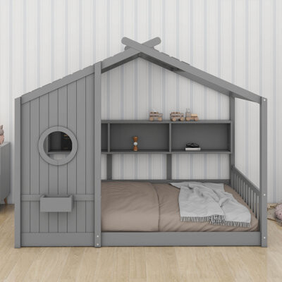 Harper Orchard Floor Bed With Shelves, Bed Frame For Kids, House Shaped Toddler Bed Frame, Solid Wood Kids Bed With Roof